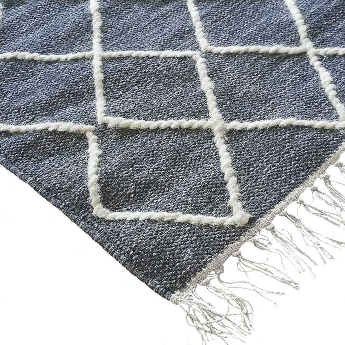 Living Room Rug Cotton Cross Stitches In Wool Dark Grey 120x170