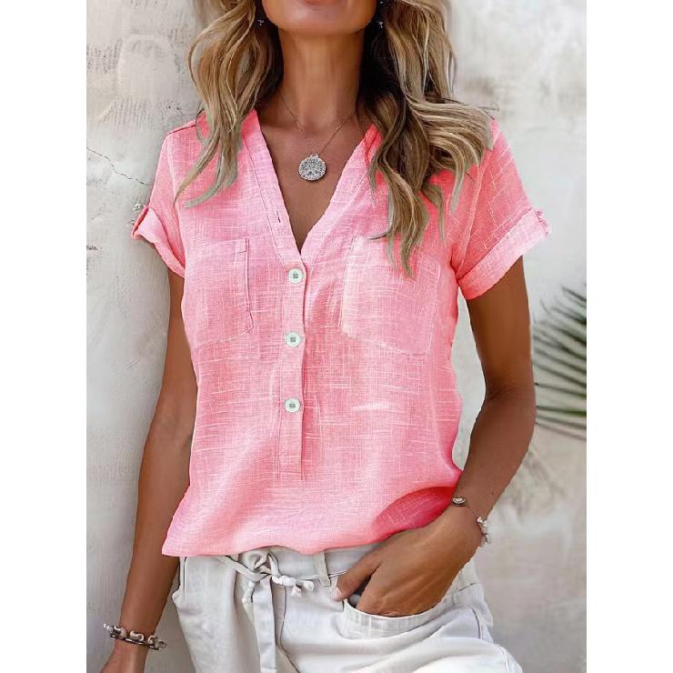 2026 Spring/Summer New Women s Top, Solid Color, Twist Button, Fashionable Short Sleeve S розовый