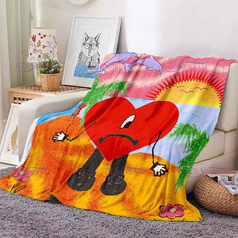 Cartoon Bad Bunny Blanket Flannel Blankets Pop Latin Music Warm Plush Fleece Throw Blankets for Aldult Sofa Bedding All Season