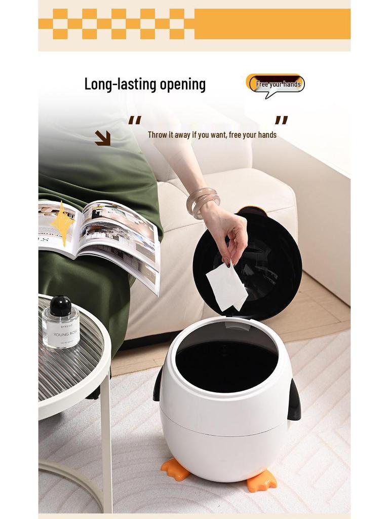 Cartoon Penguin Flip-Top Trash Can with Lid - Cute Style for Living Room or Bedroom