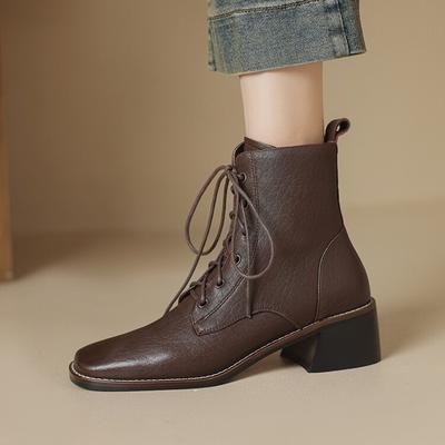 Fashion NEW Autumn/Winter Women Boots Genuine Leather Shoes for Women Square Toe Chunky Heel Shoes Lace-up Modern Boots Plus Size Shoes