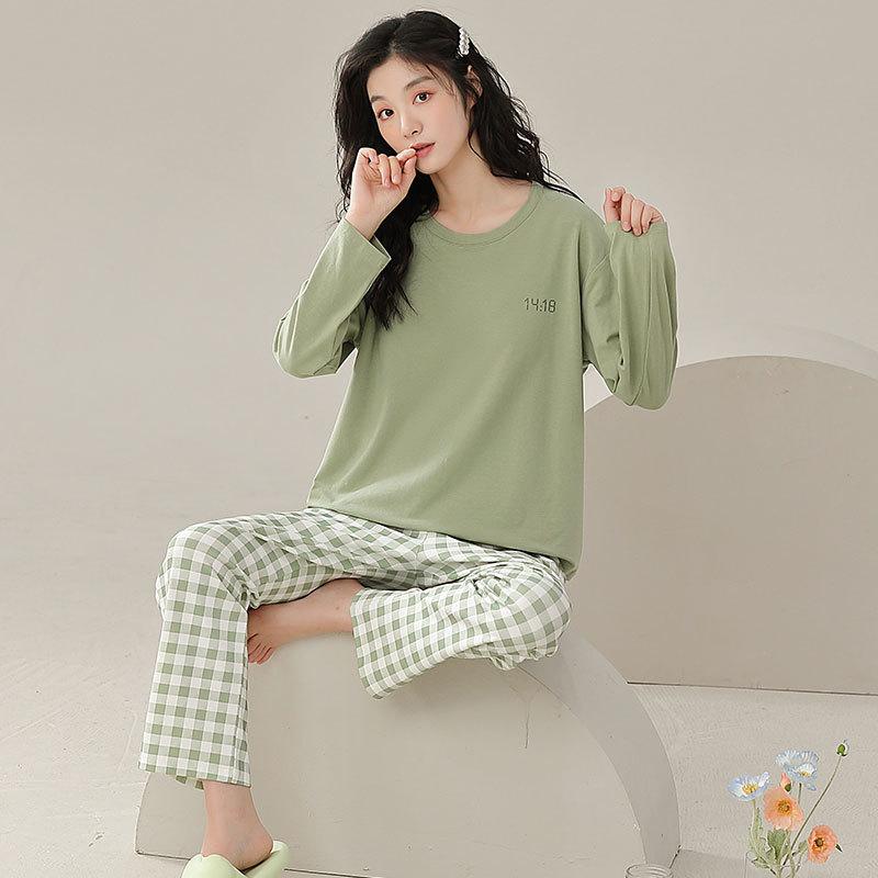 Pajamas With Chest Pads Women'S Pure Cotton Long-Sleeved Round Neck Pullover Loungewear Can Be Worn Outside