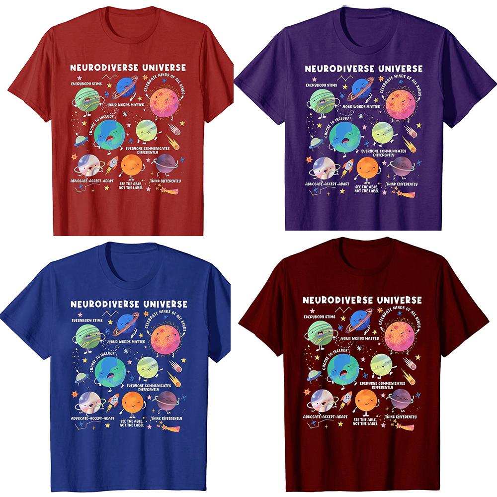 Neurodiverses Universum Weltraum Planet Sonderpädagoge T-Shirts Herren Streetwear T-Shirt Kurzarm Unisex Lockere Kleidung