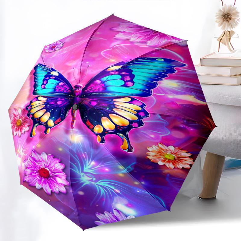 1pc Ladybugs, Butterflies Pattern Umbrella Portable Folding Umbrella Iron Frame Hole Bone Structure Outdoor Home Umbrella
