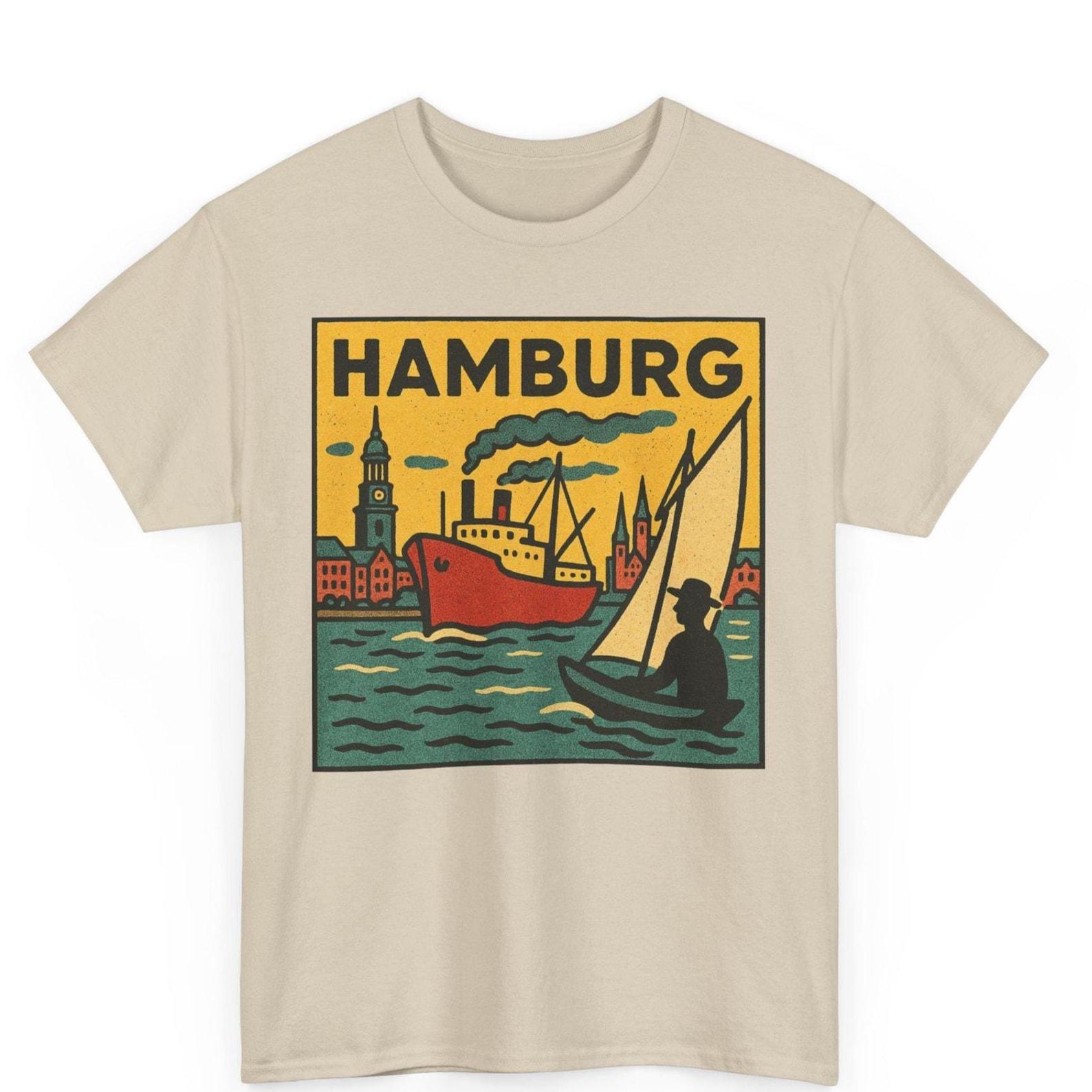 Hamburg Germany Graphic Tee: Retro City Harbor Travel Shirt XL