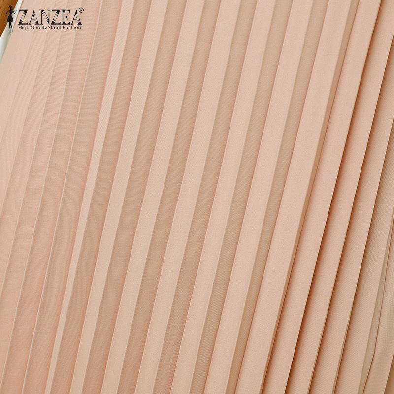 ZANZEA Womens Turn Down Collar Loose Casual Sleeveless Pleated Dress