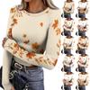 Women's Fitted Long Sleeve T-Shirt with Maple Leaf Print, Neck and Cuffs for Everyday Wear