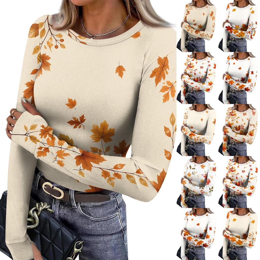 Women's Fitted Long Sleeve T-Shirt with Maple Leaf Print, Neck and Cuffs for Everyday Wear