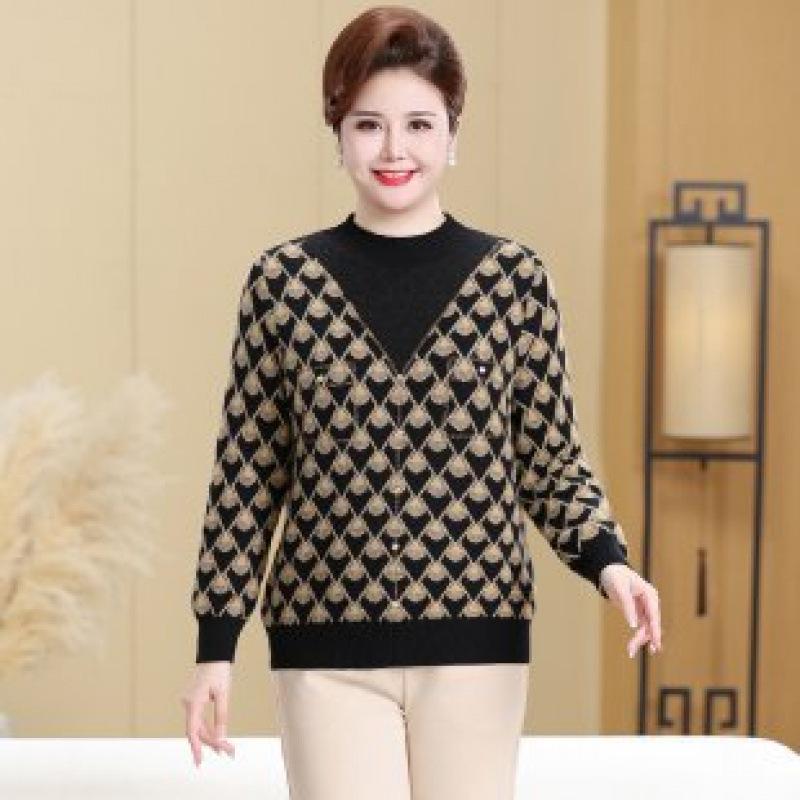 Plus Size Warm Knit Pullover for Women - Autumn/Winter Round Neck Sweater for Middle-aged & Elderly