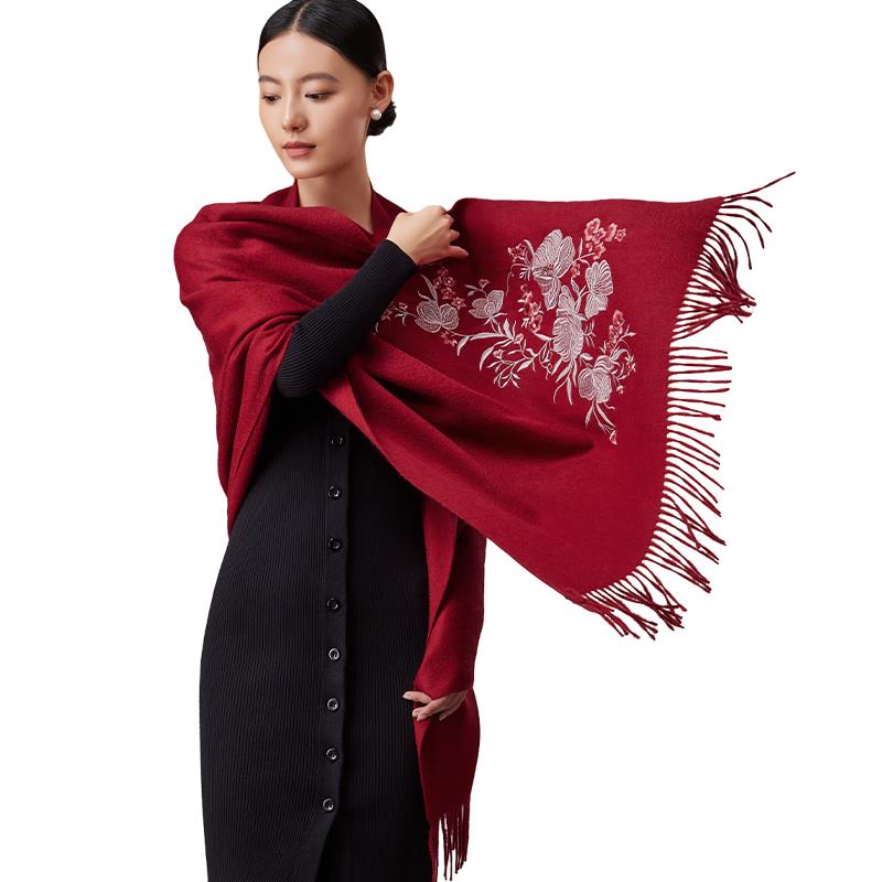 Shanghai Story Women's 100% Wool Embroidered Floral Shawl Scarf