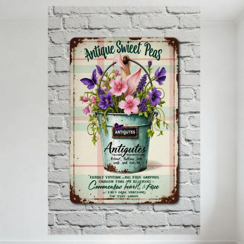 

Vintage Antique Sweet Peas Metal Tin Sign with Teal Bucket Flowers Butterflies Plaid Background for Home Garden Cafe Wall Decor 20x30cm（7.8x11.8inch）