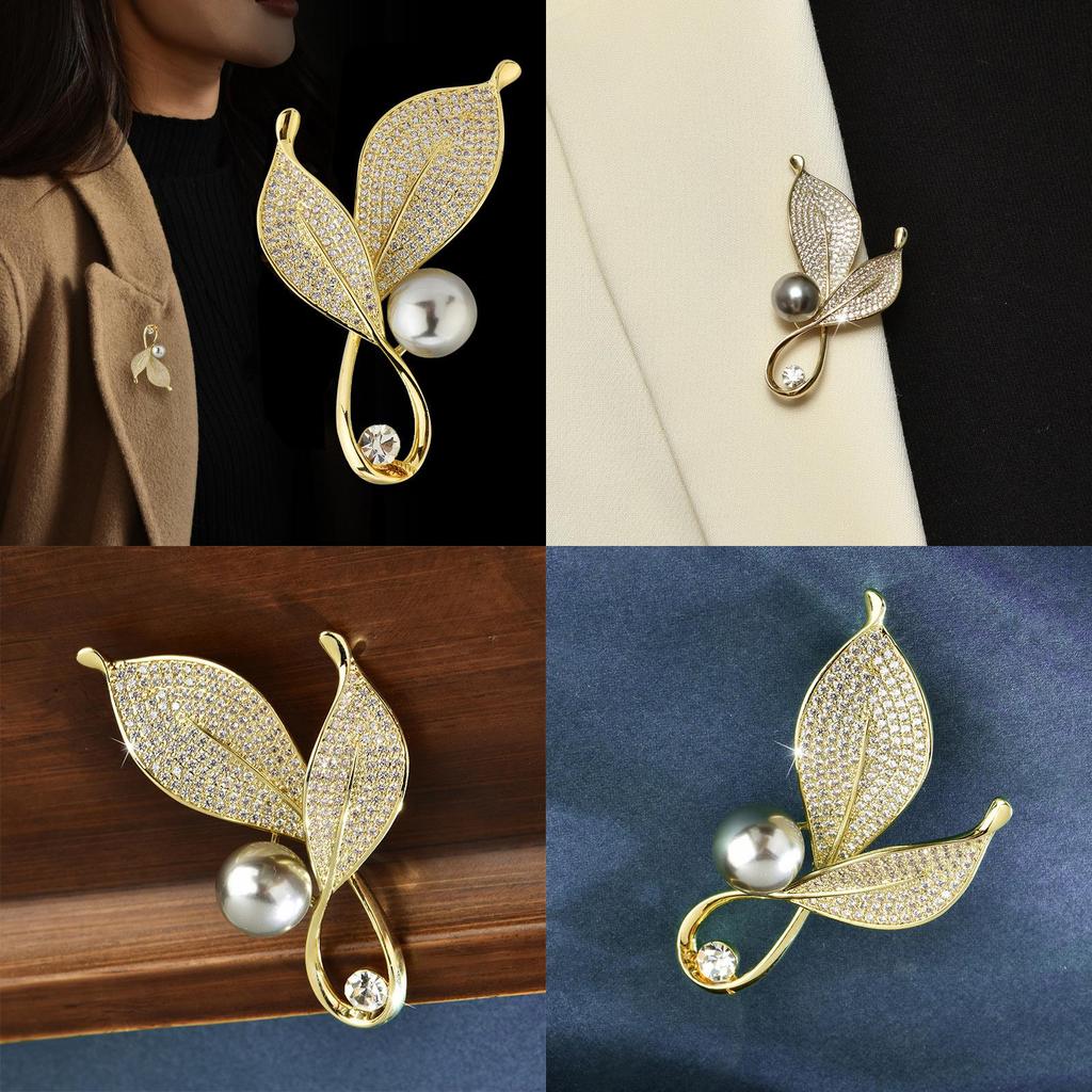 Leaf Brooch For Women With Artificial Pearl And Rhinestone Decoration For Wedding Or Gift