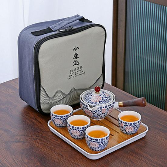 Compact Travel Tea Set with Automatic Rotating Teapot and Side Handle Kung Fu Cups