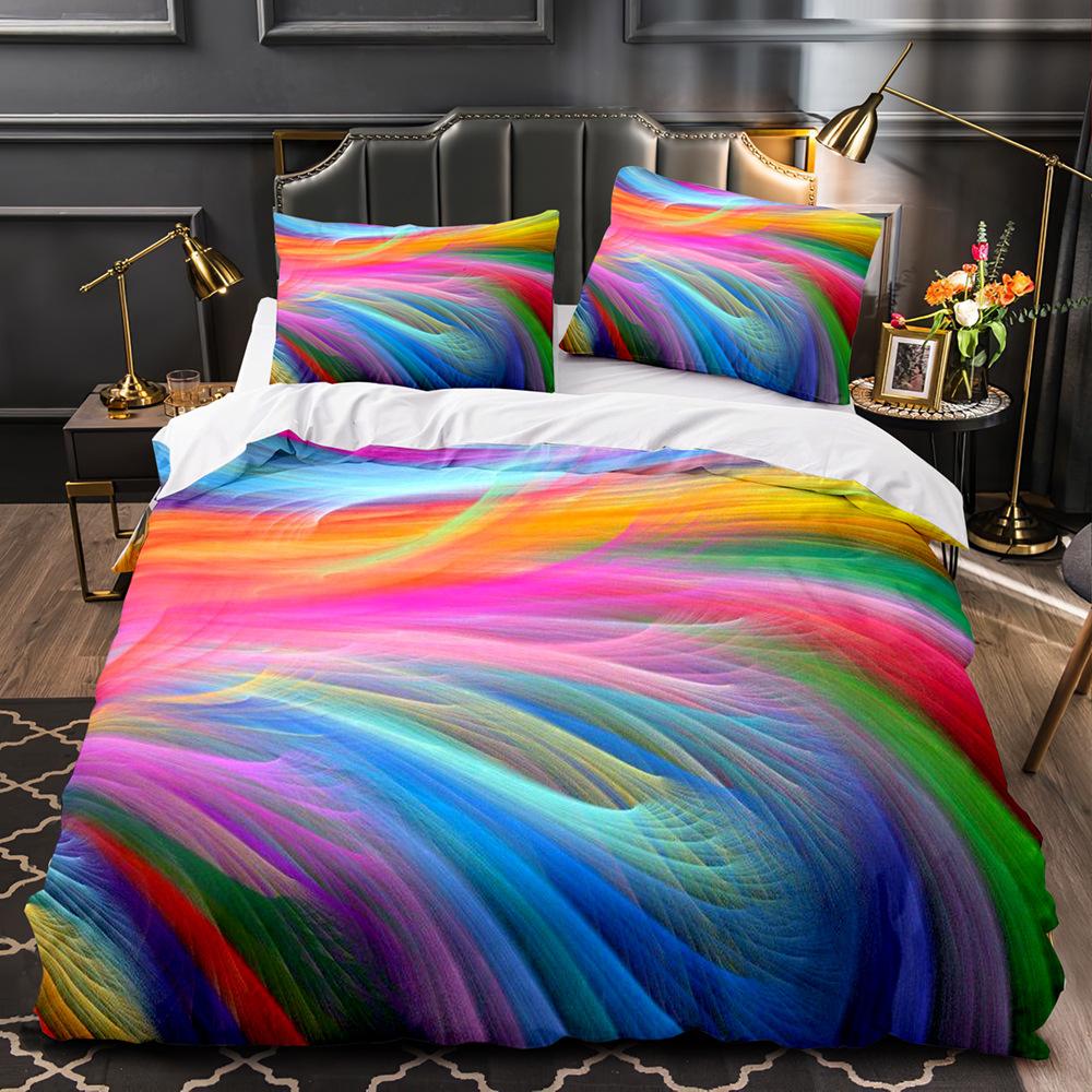 Girls Rainbow Wave Duvet Cover, Adults Trippy Iridescent Curved Fluid Tie Dye Pattern Abstract Art Bedding Set Queen Full Size