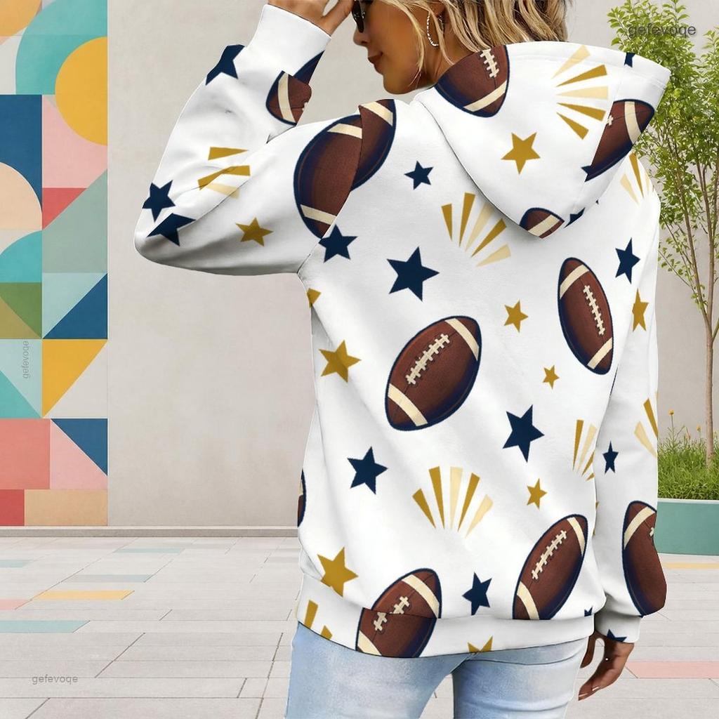 Women Plus Size White Football Star Print Long Sleeve Drawstring Hood Kangaroo Pocket Pullover Hoodie