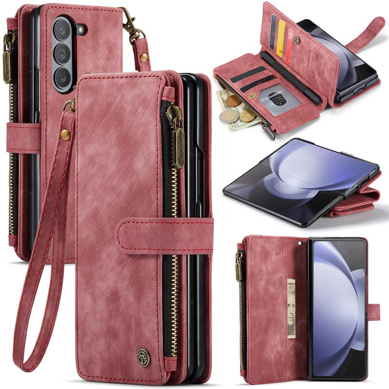Business Retro Wallet Leather Flip Case For Samsung Galaxy Z Fold5 Fold 4 Z Fold 3 Coin Purse Zipper Wrist Strap