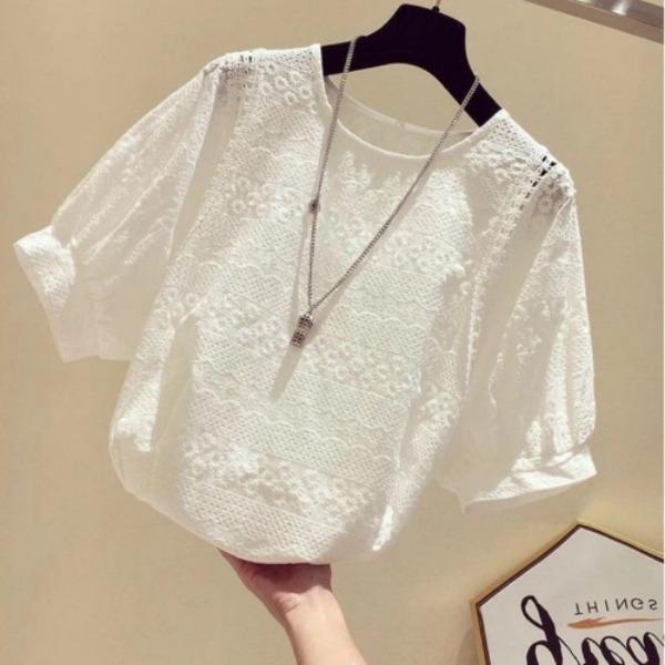 

Women s Lace Short Sleeved Shirt Summer New Korean Version Loose and Sweet Short Sleeved Shirt 2XL білий
