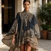 Vestido Bohemio Boho Estampado Floral Cuello Alto Irregular Chifón Mini para Mujer, Estilo Retro Manga Larga Fluido Vestido de Fiesta Cóctel, Vacaciones de Verano en la Playa