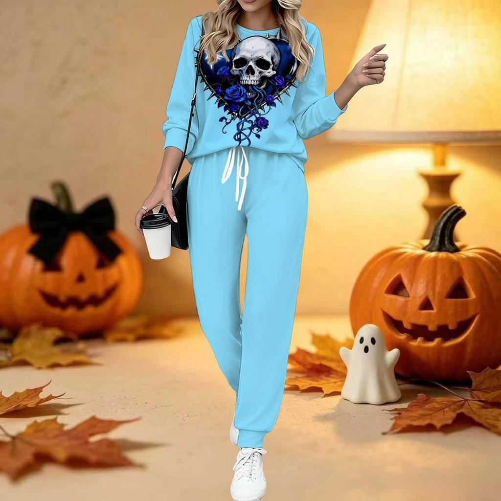 Conjunto de Dos Piezas con Estampado de Halloween para Mujer, Top de Manga Larga con Cuello Redondo y Pantalones Jogger con Cordón, Chándal Casual para Primavera Otoño