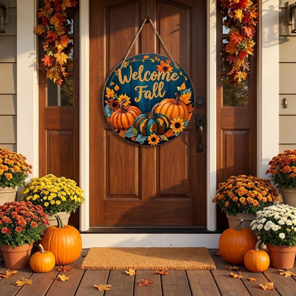 Rustic Welcome Fall Round Wooden Sign Autumn Leaf Wear-resistant Autumn Harvest Wall Decor Vintage Style Long-lasting