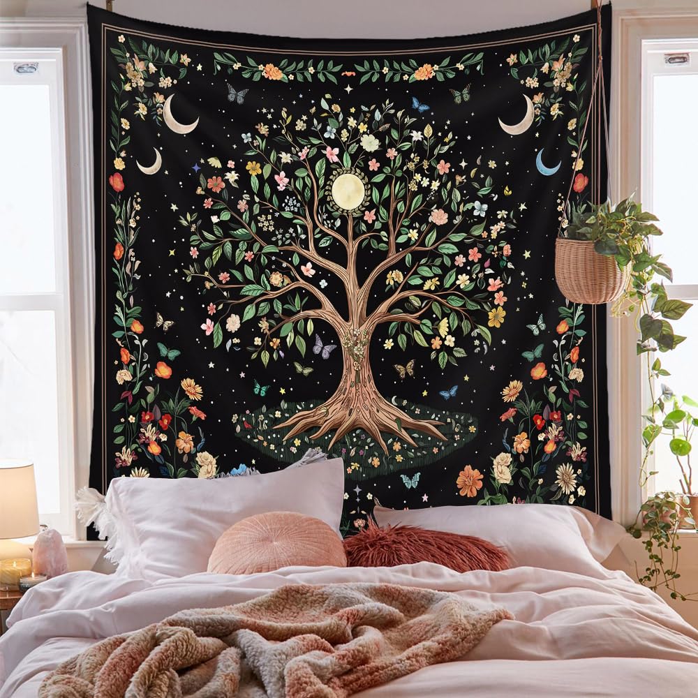 Neon Sun & Moon Tapestry, Psychedelic Rainbow Celestial Print with Clouds On Black Background, Wall Hanging for Boho Decor