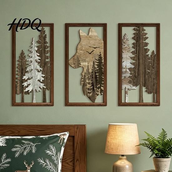 Vintage Style Wood Sculpture 3Pcs Wooden Forest Wolf Wall Decorations Decorative Hanging Ornaments Rustic Hollow Carved Pine Head Decor Tree Art for