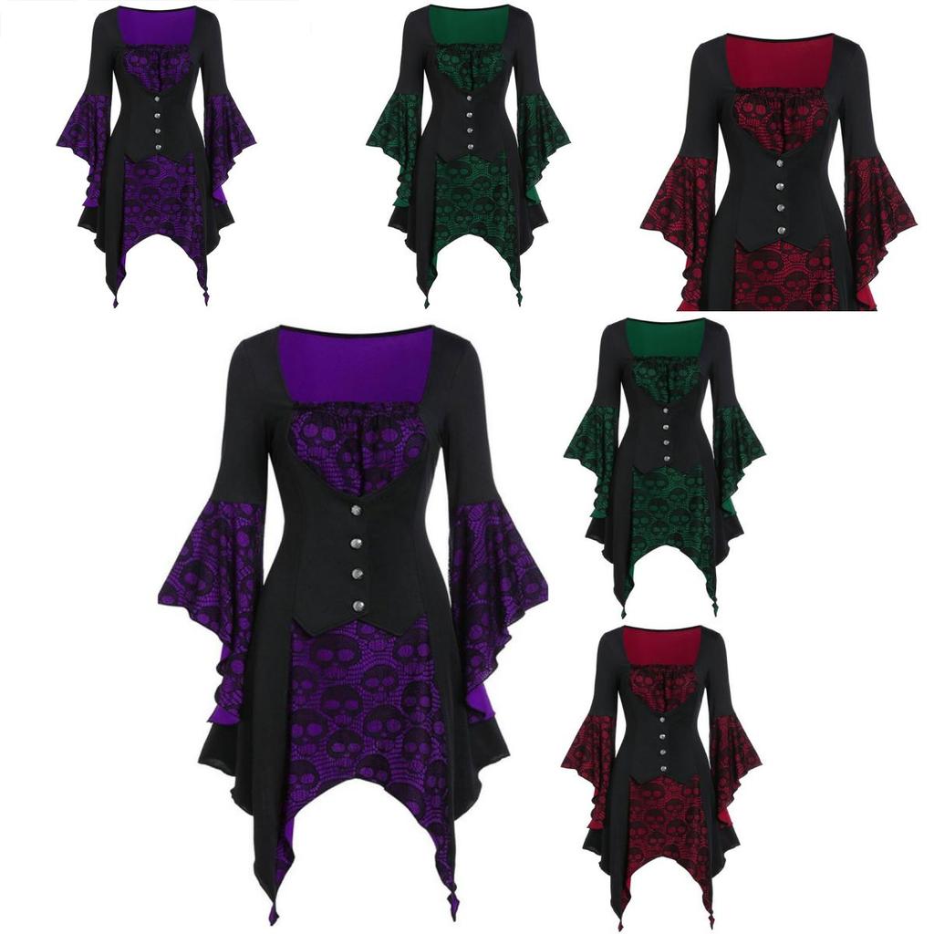Women's Vintage Skull Head Medieval Gothic Witch Cosplay Costume Dress For Halloween Party