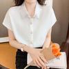 Elegant Fashion Ladies Beading Polo-Neck Solid Short Sleeve Shirt Tops Women's Clothing Summer Single-breasted Chiffon Blouses