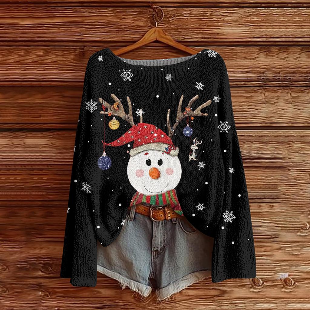 Women's Fashion Round Neck Long Sleeve Christmas Print Casual Pullover Sweater Top