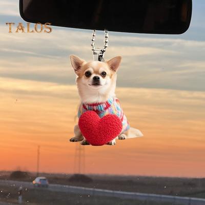 Puppy Car Pendant Acrylic Rear View Decorations 2D Flat Hanging Pendant Cartoon Love Heart Dog Ornament Car Accessories