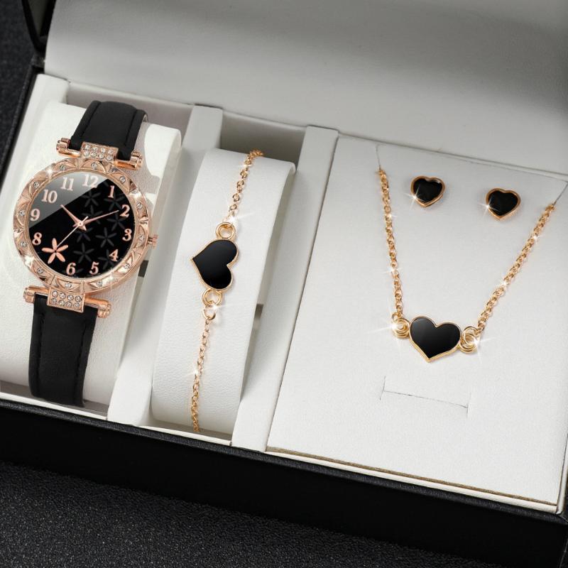 6 Peças/Conjunto Relógio Feminino Moda Flores Pulseira de Couro Relógios Analógicos de Quartzo Conjunto de Joias Borboleta(Sem caixa)