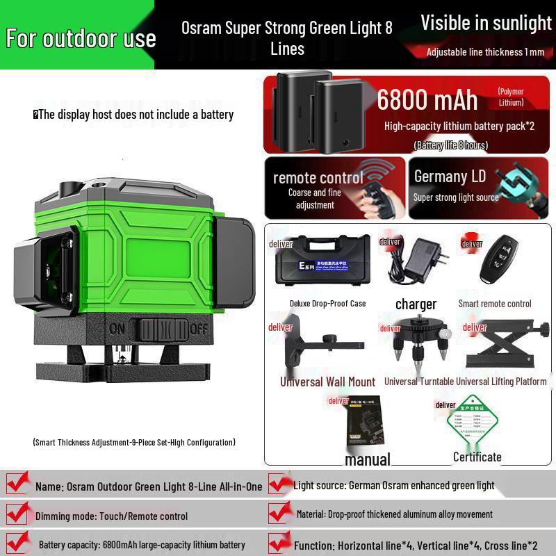 Grön laser Högprecisions automatiskt vattenpass: Infrarött Utomhus Vägg-/Golvnivelleringsverktyg (8/12/16)