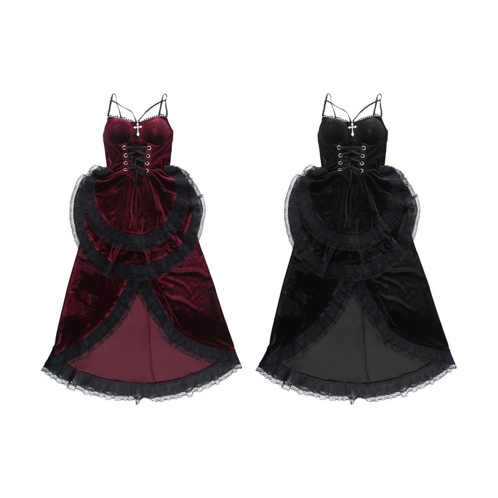 Women Cosplay Dress Dark Style Halloween Party Costume Lace Patchwork Irregular Hem Sleeveless Tight Waist Ruffles Adjustable Wa