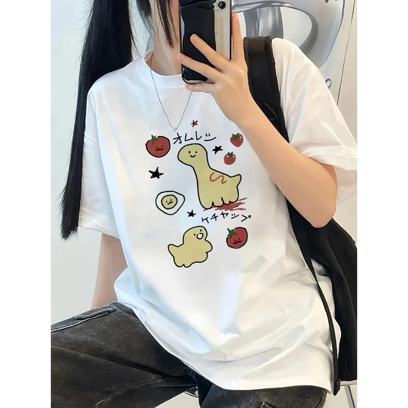 

Fun Tomato Strawberry Graphic Printed T shirts 2025 Summer New Styles Women s White Crew Neck Casual Breathable Tops S