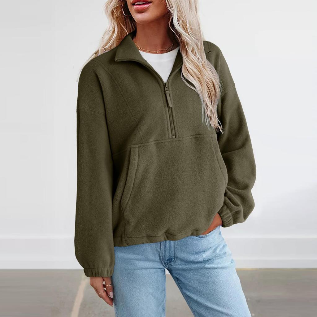 Women's Fleece Sporty Half-zipper Pullover, Fashionable Loose Long-sleeved Street-style Sweatshirt Top