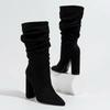 Women Pleated Flocks High Thick Heel Mid-calf Boots for Outdoor Office Nightclub Evening Party Wedding Banquet Botas De Mujer