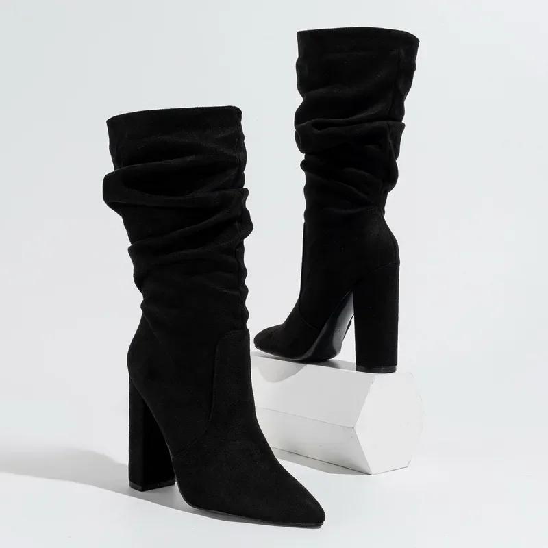 Women Pleated Flocks High Thick Heel Mid-calf Boots for Outdoor Office Nightclub Evening Party Wedding Banquet Botas De Mujer