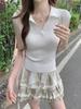 Polo collar short-sleeved t-shirt women's summer new slim-fit inner bottoming shirt small fly-sleeved knitted sweater top trendy
