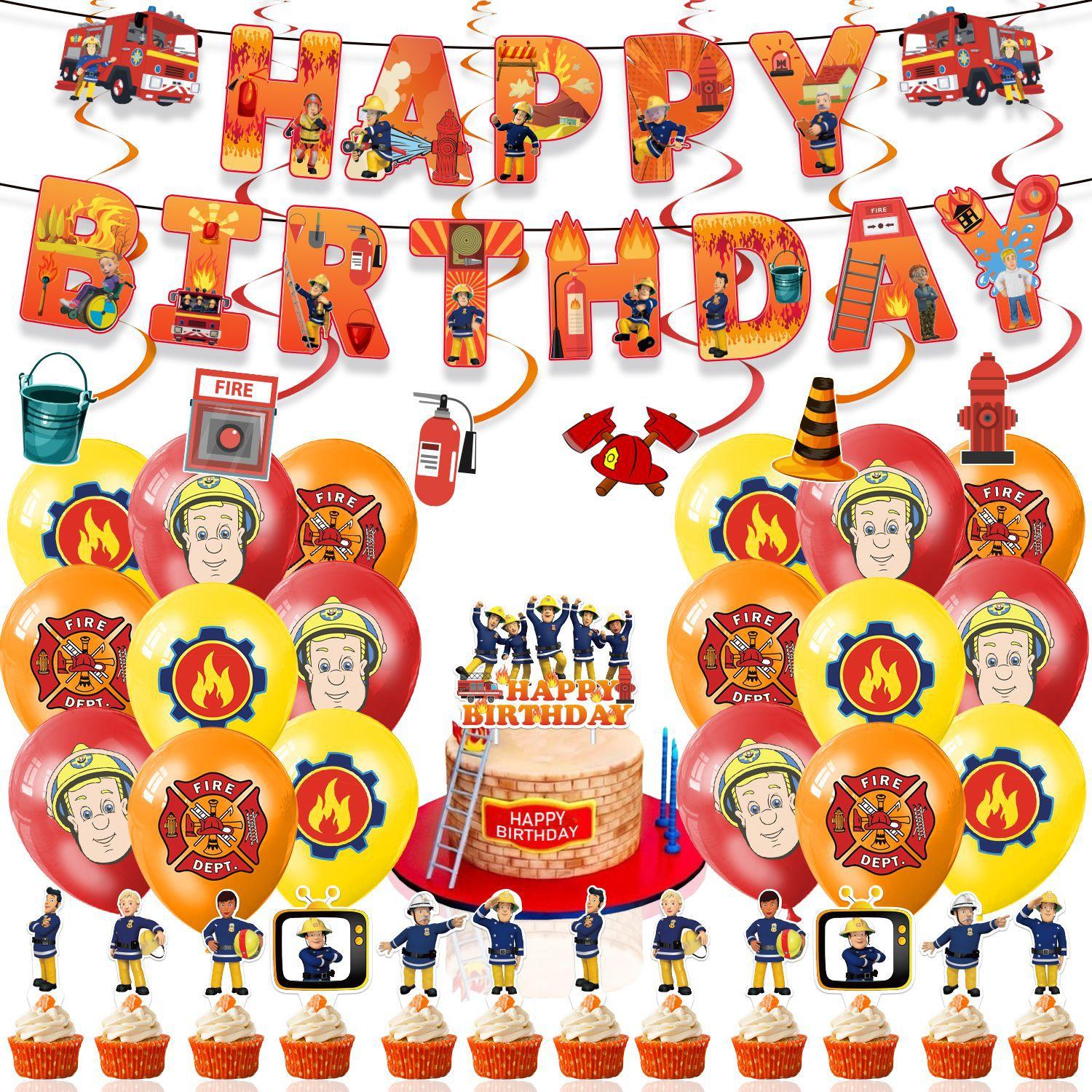

Fireman Sam themed birthday party decoration, flag cake with balloons 44pcs