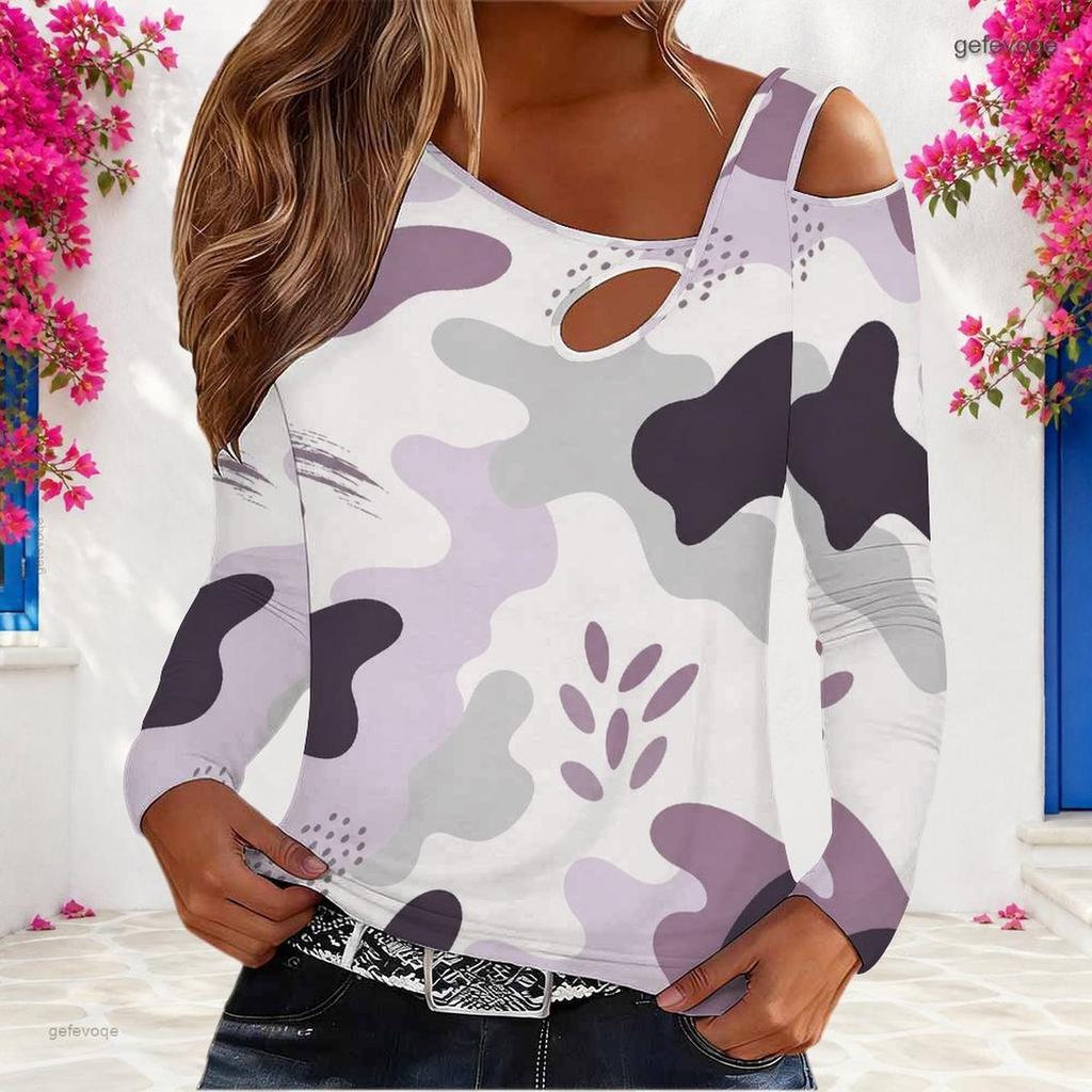 Women Plus Size Asymmetric Cutout Neck Cold Shoulder Long Sleeve Green Black White Printed Top