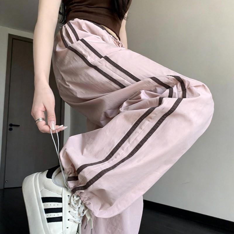 Womens High-Waisted Wide-Leg Striped Quick-Dry Cargo Pants Cotton Nylon Blend Lightweight