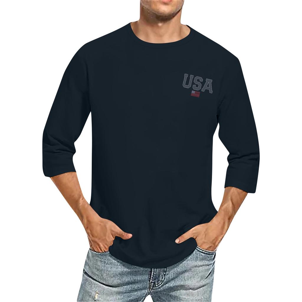 Men's casual and fashionable printed collar three-quarter sleeve top T-shirt