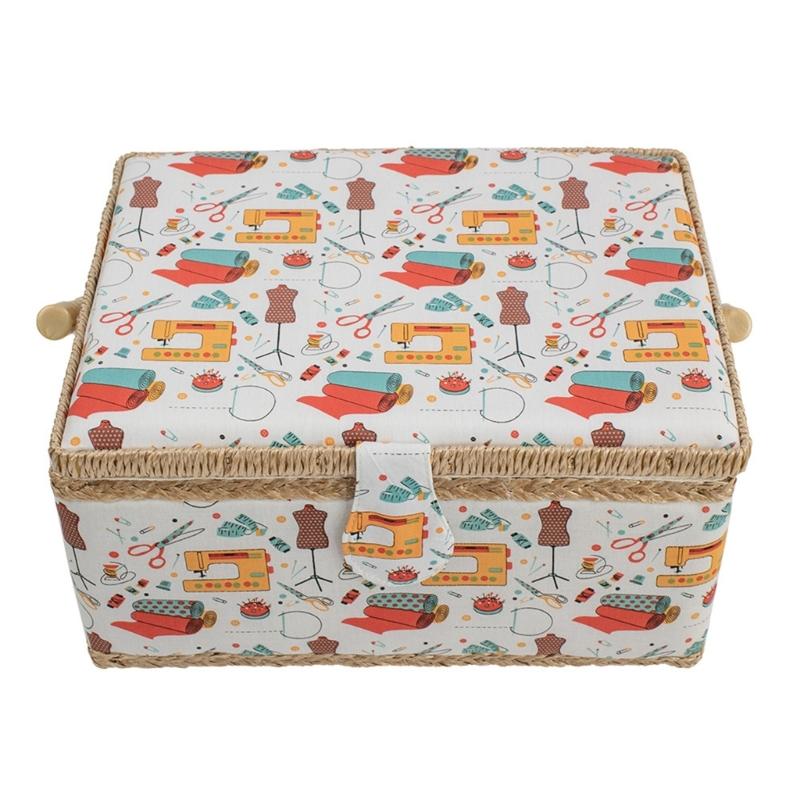 Large Capacity Fabric Sewing Box With Magnetic Closure And Adjustable Compartments For Crafting And Needlework Storage