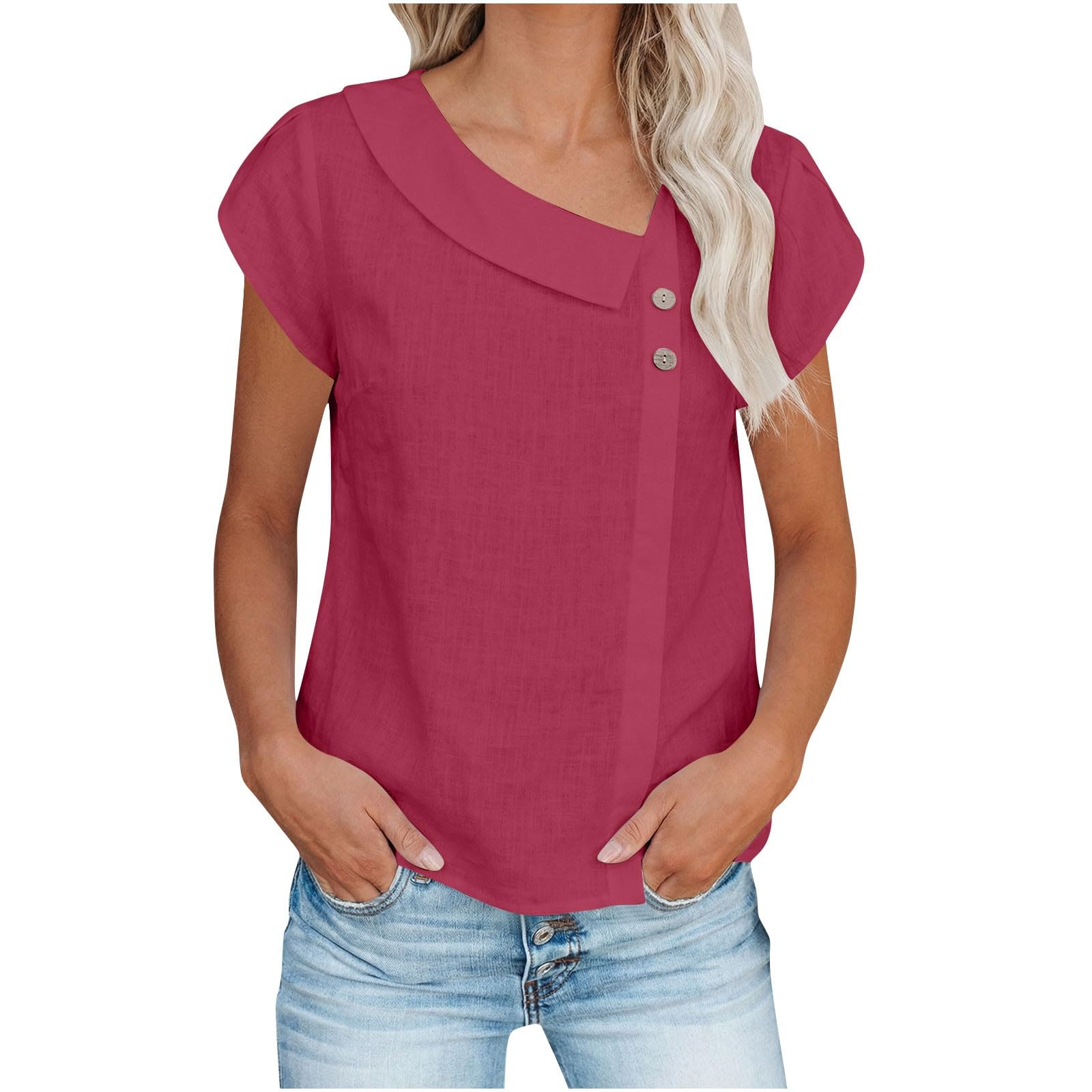 Women Short Sleeve Asymmetrical Neckline Blouse with Decorative Buttons Casual Loose Fit Top for Daily Wear XL винный