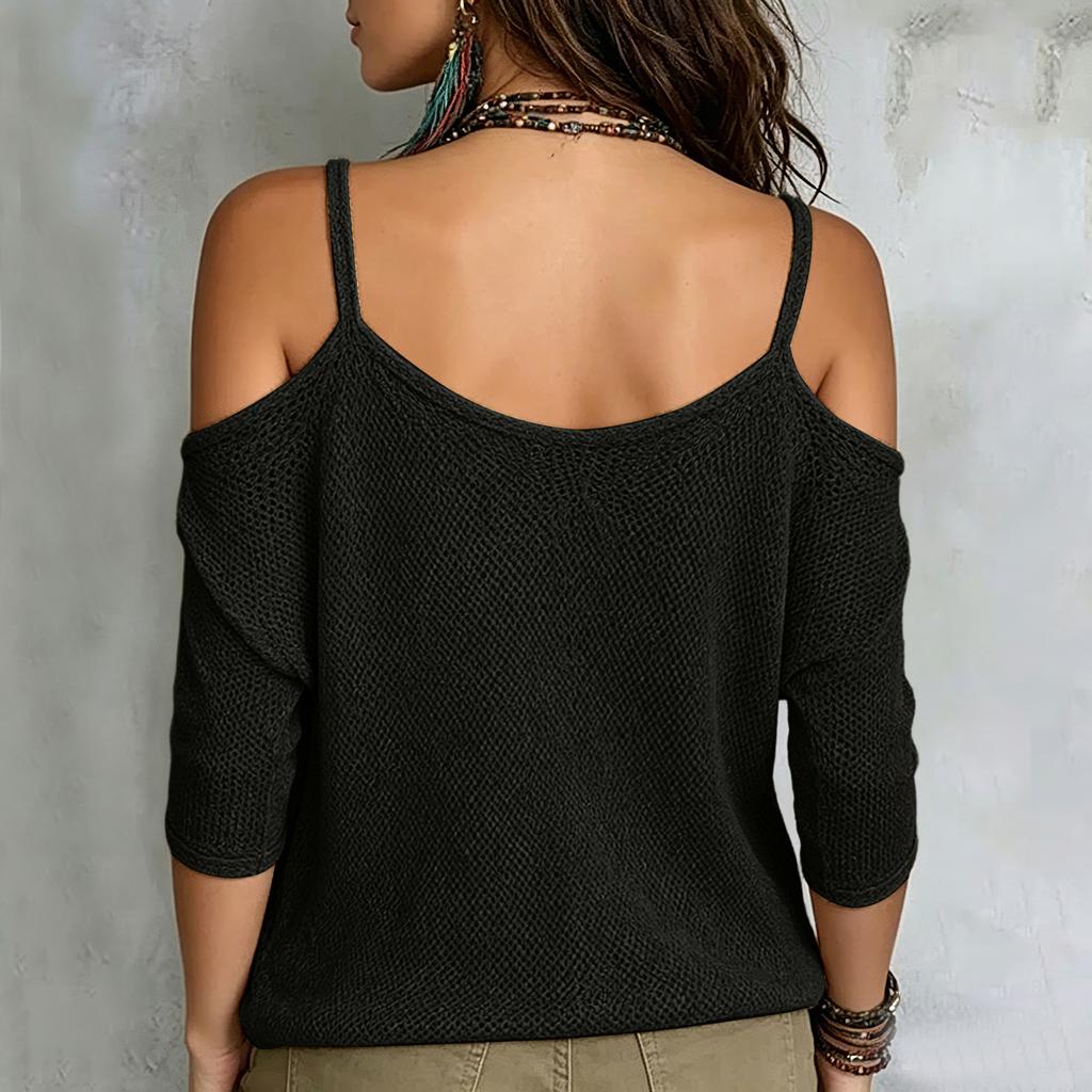 Women Cold Shoulder Knit Sweater Lightweight V Neck Pullover Casual Loose Fit Long Sleeve Top for Everyday Wear