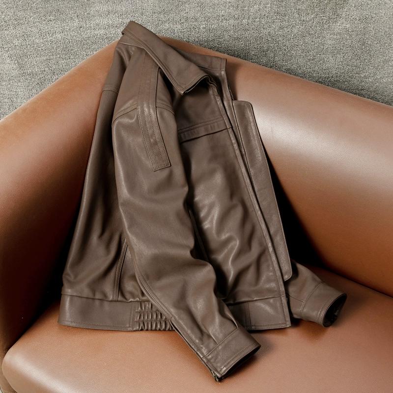 Men Genuine Goatskin Leather Jacket Short Bomber Flight Jacket Large Size Spring Autumn Coat