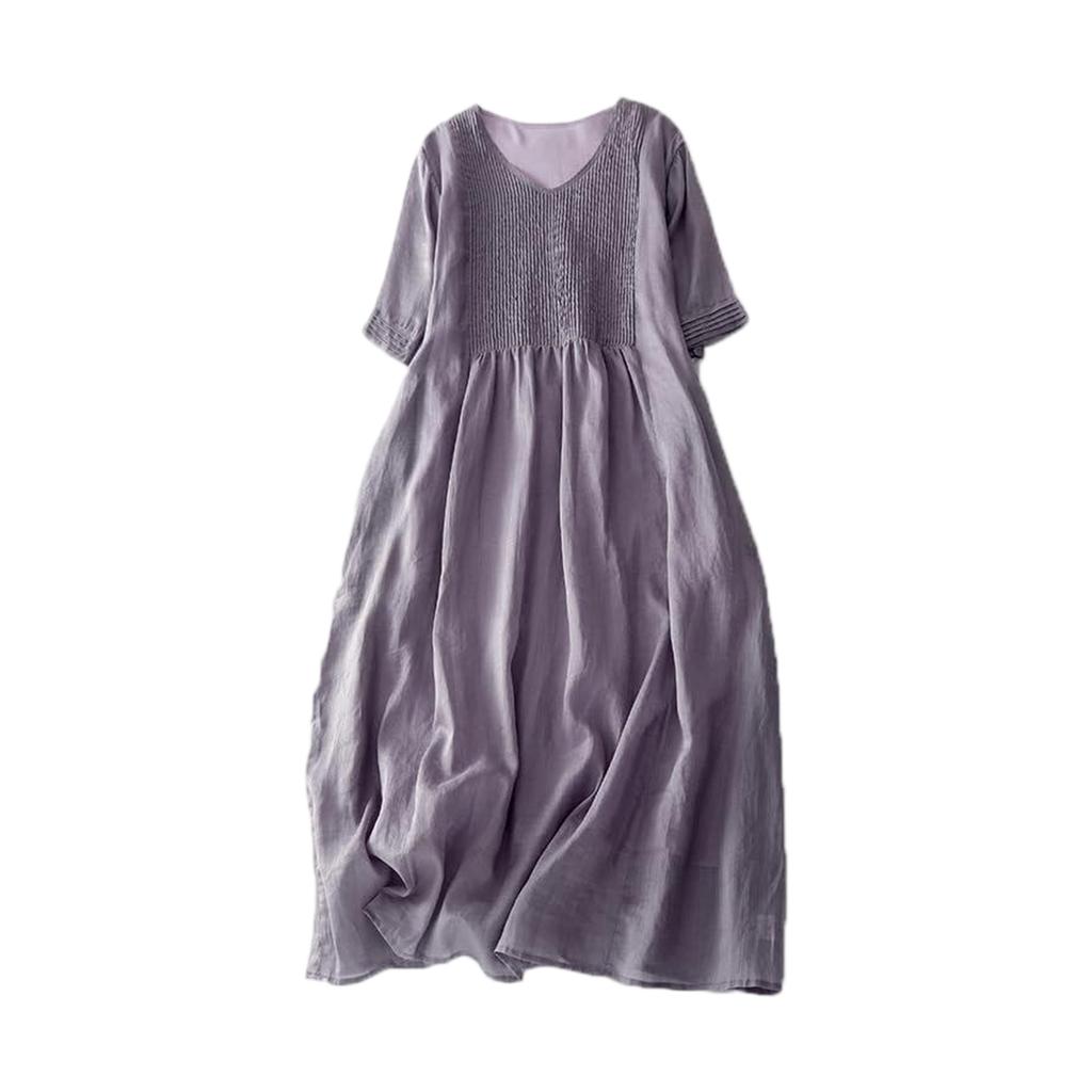 Vintage Style Accordion Pleated Dress V Neck Linen Blend Long Dress Women Lightweight Breathable Casual Loose Fit Dress