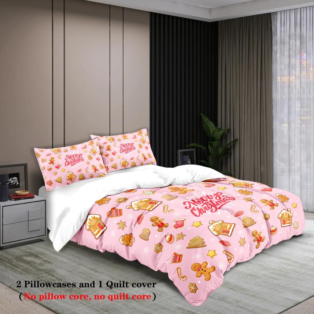 3-piece set of Christmas pink gingerbread man pattern print (1 duvet cover+2 pillowcases, no core) comfortable bedding set