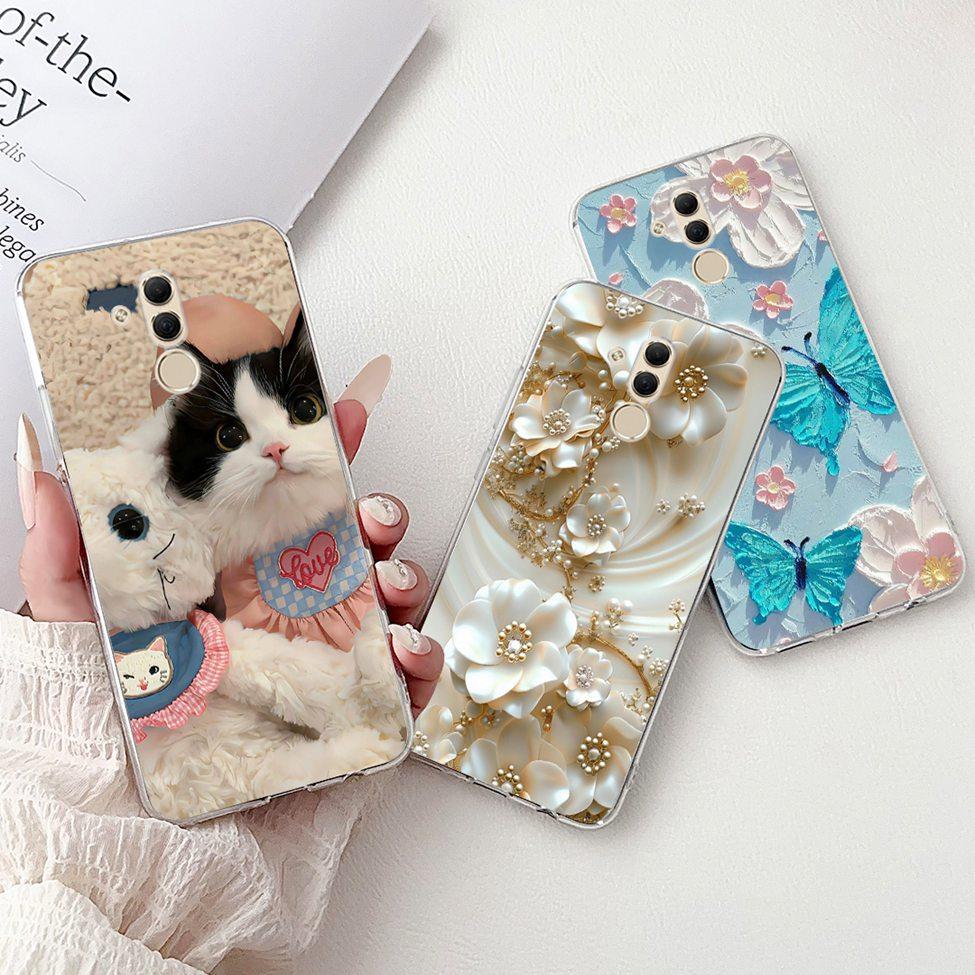 Clear For Huawei Mate 20Lite SNE-LX3 INE-LX2 Back Cover For Huawei Mate 20 Lite Case Cute Cartoon Cat Luxury Flowers Funny Funda