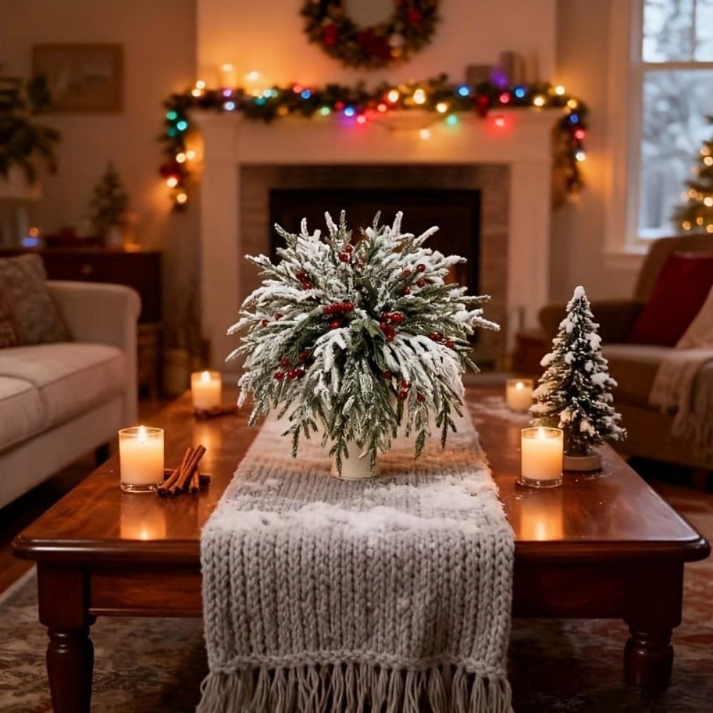 20PCS Plastic Christmas Pine Branches Realistic Decorative Artificial Pine Branches with Red Berries Snow-Capped